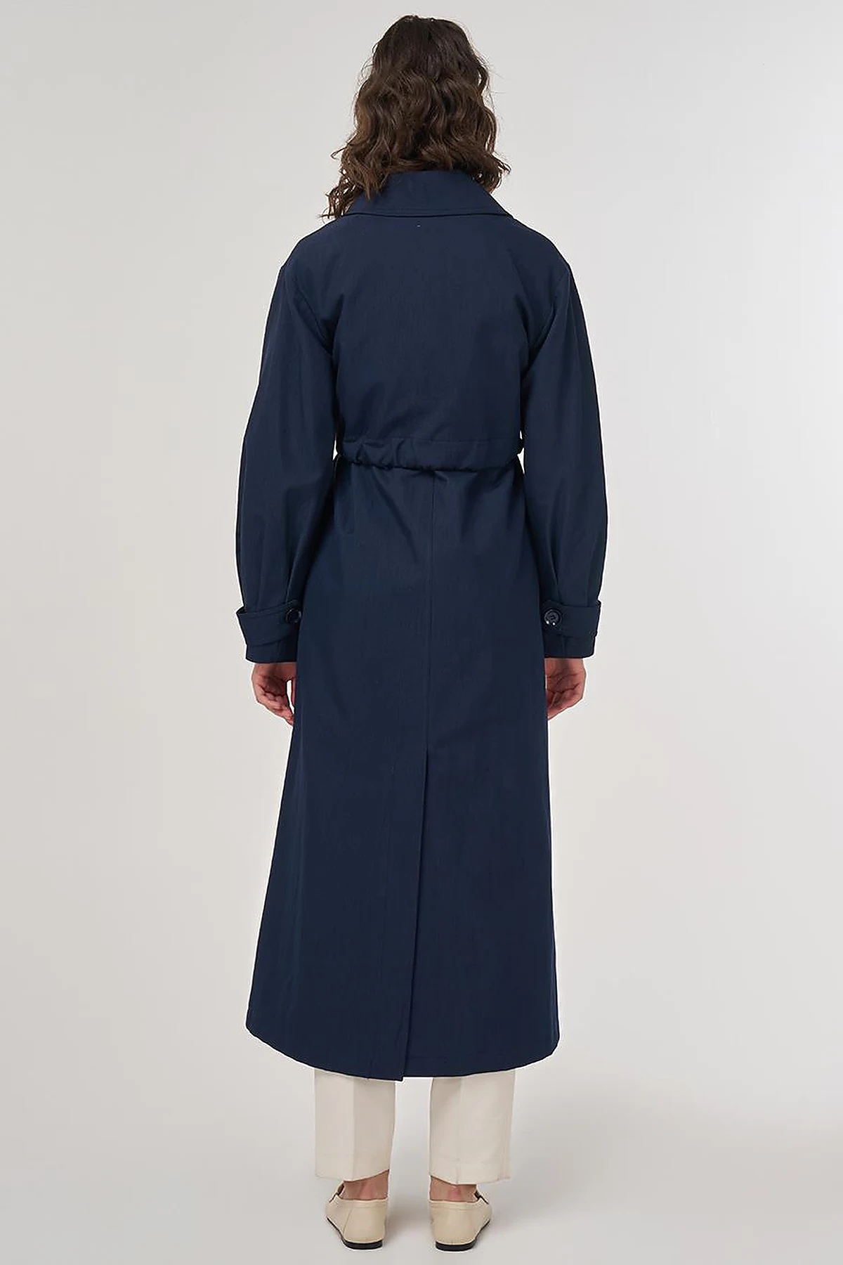 Belted Double-Breasted Long Trench Coat in Dark Navy