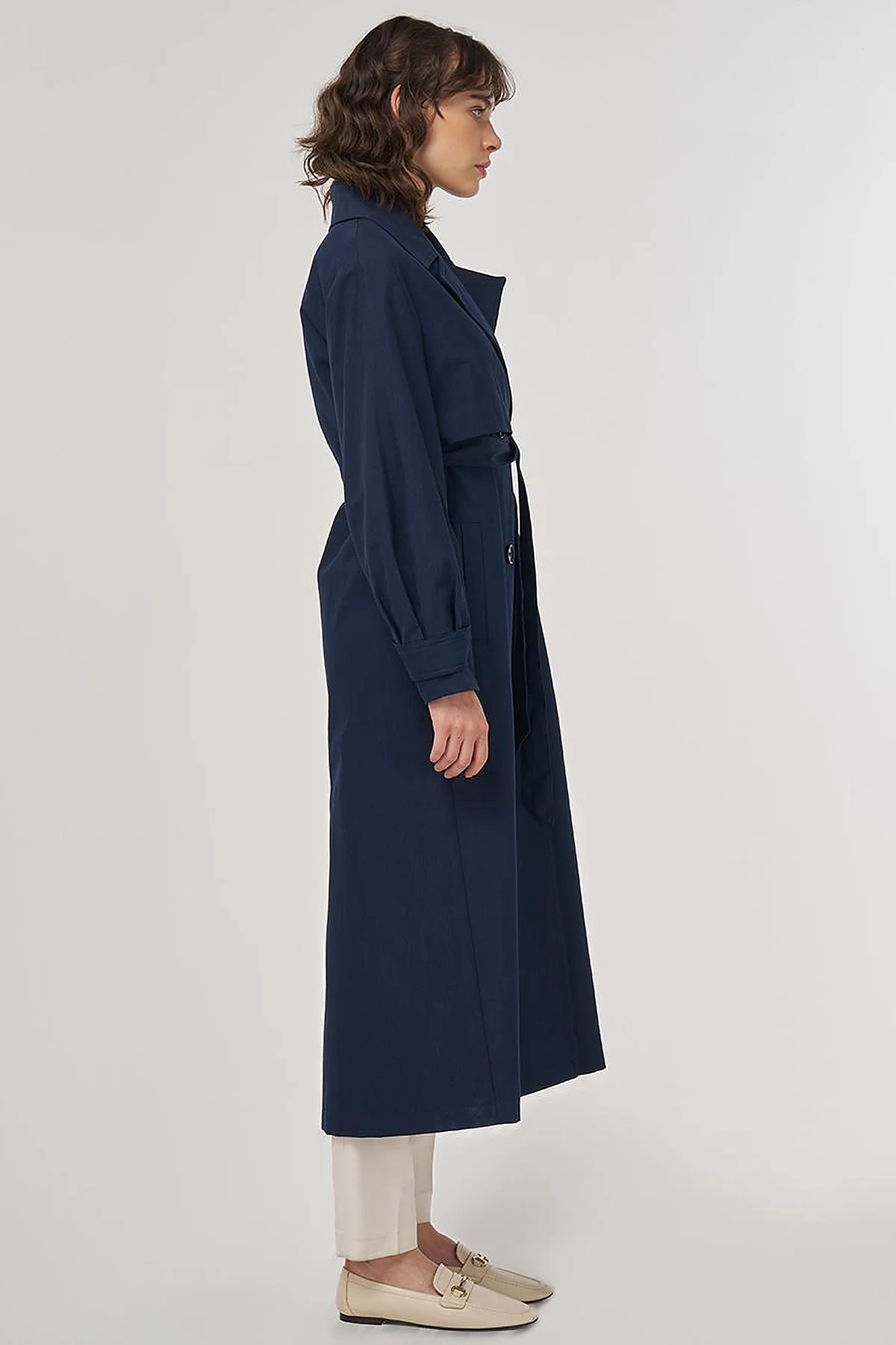 Belted Double-Breasted Long Trench Coat in Dark Navy