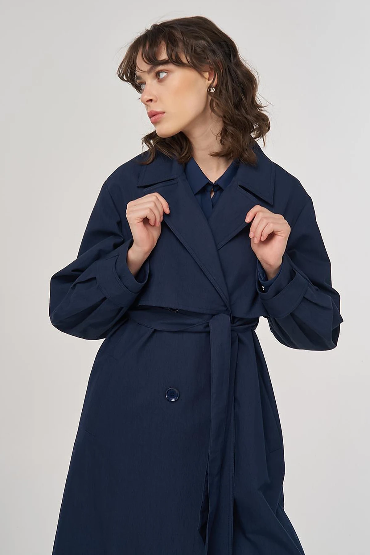 Belted Double-Breasted Long Trench Coat in Dark Navy