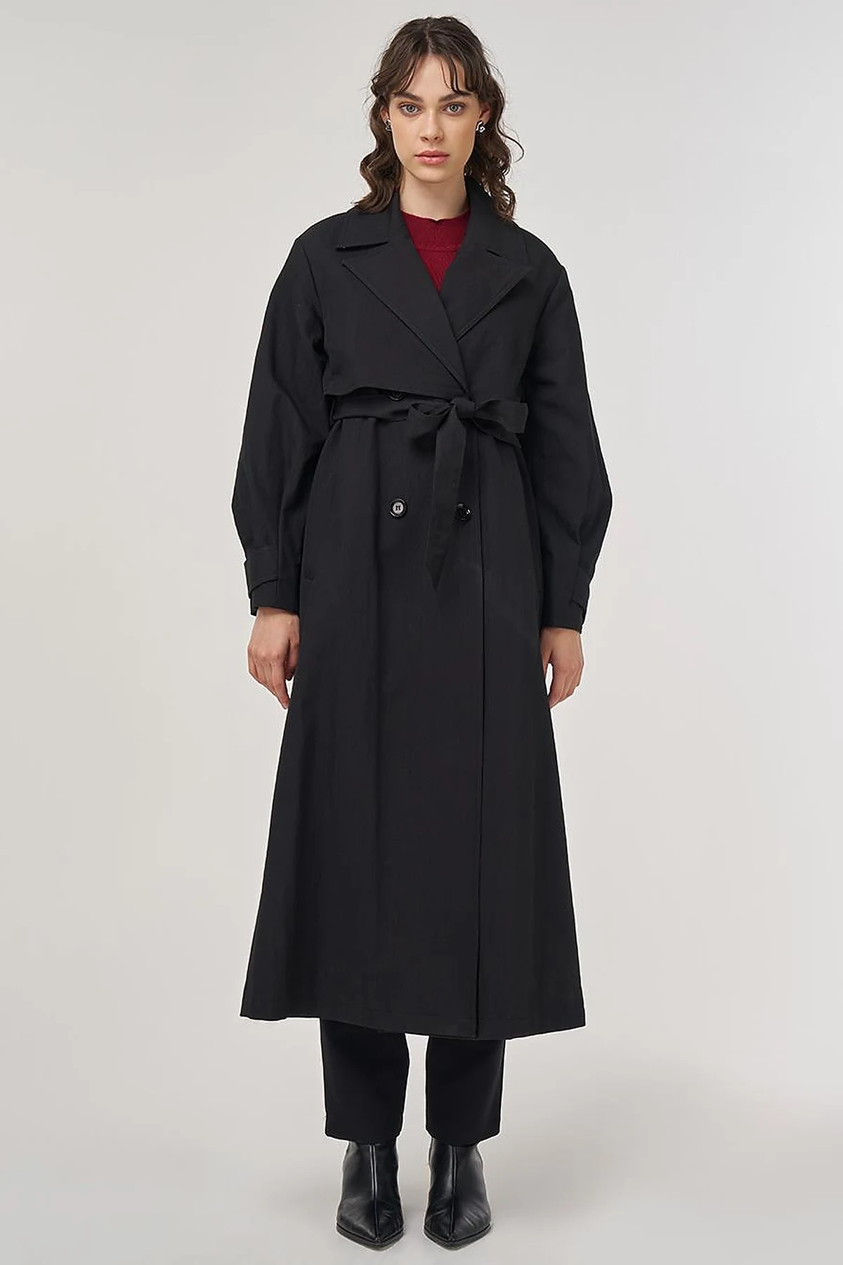 Belted Double-Breasted Long Trench Coat in Black
