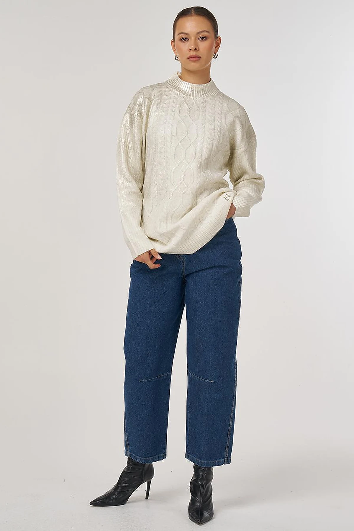 Knitted Off-Shoulder Knitted Tunic in Ecru