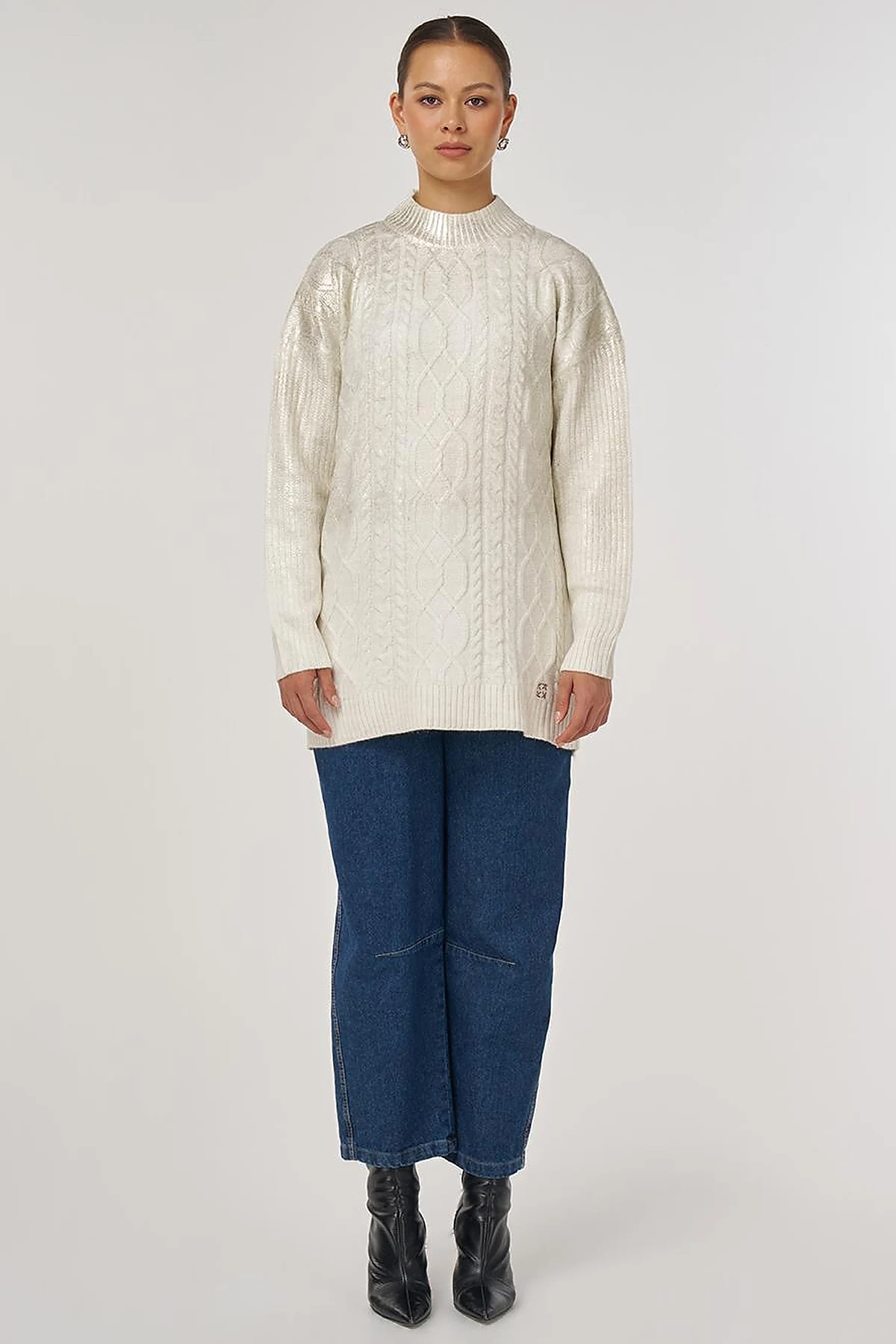 Knitted Off-Shoulder Knitted Tunic in Ecru
