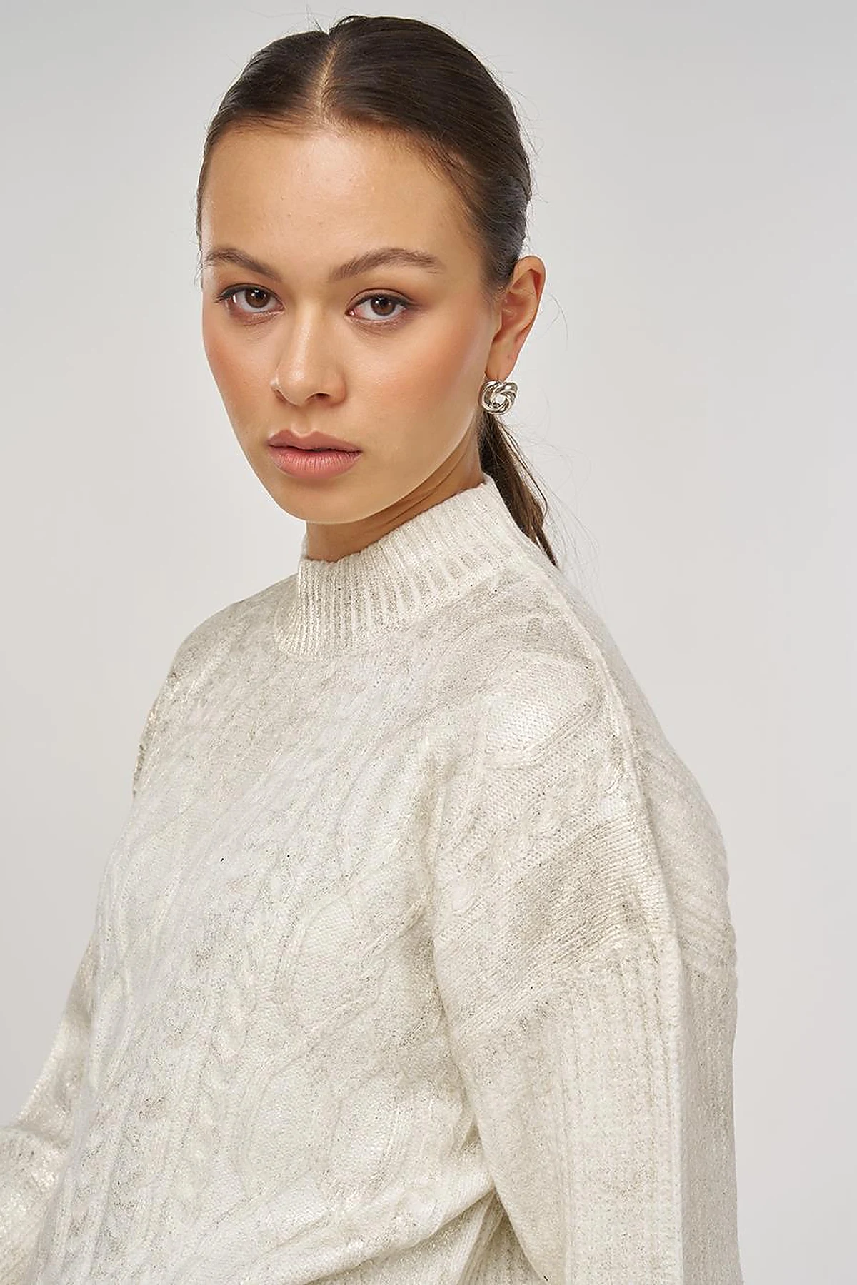 Knitted Off-Shoulder Knitted Tunic in Ecru