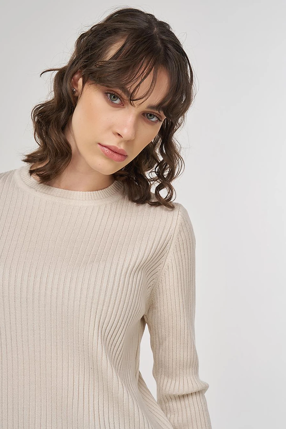 Crew-Neck Ribbed Knit Sweater in Ecru