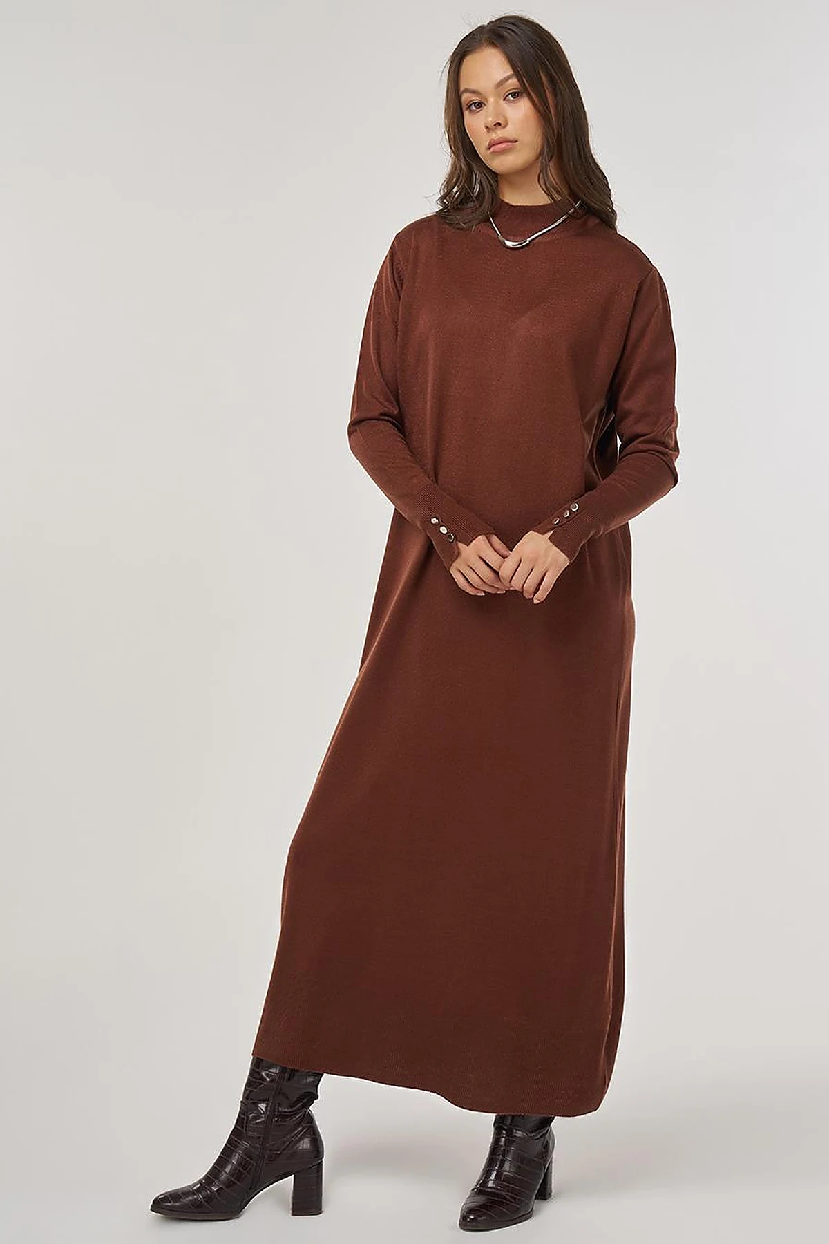Half Turtleneck Knit Dress in Dark Brown