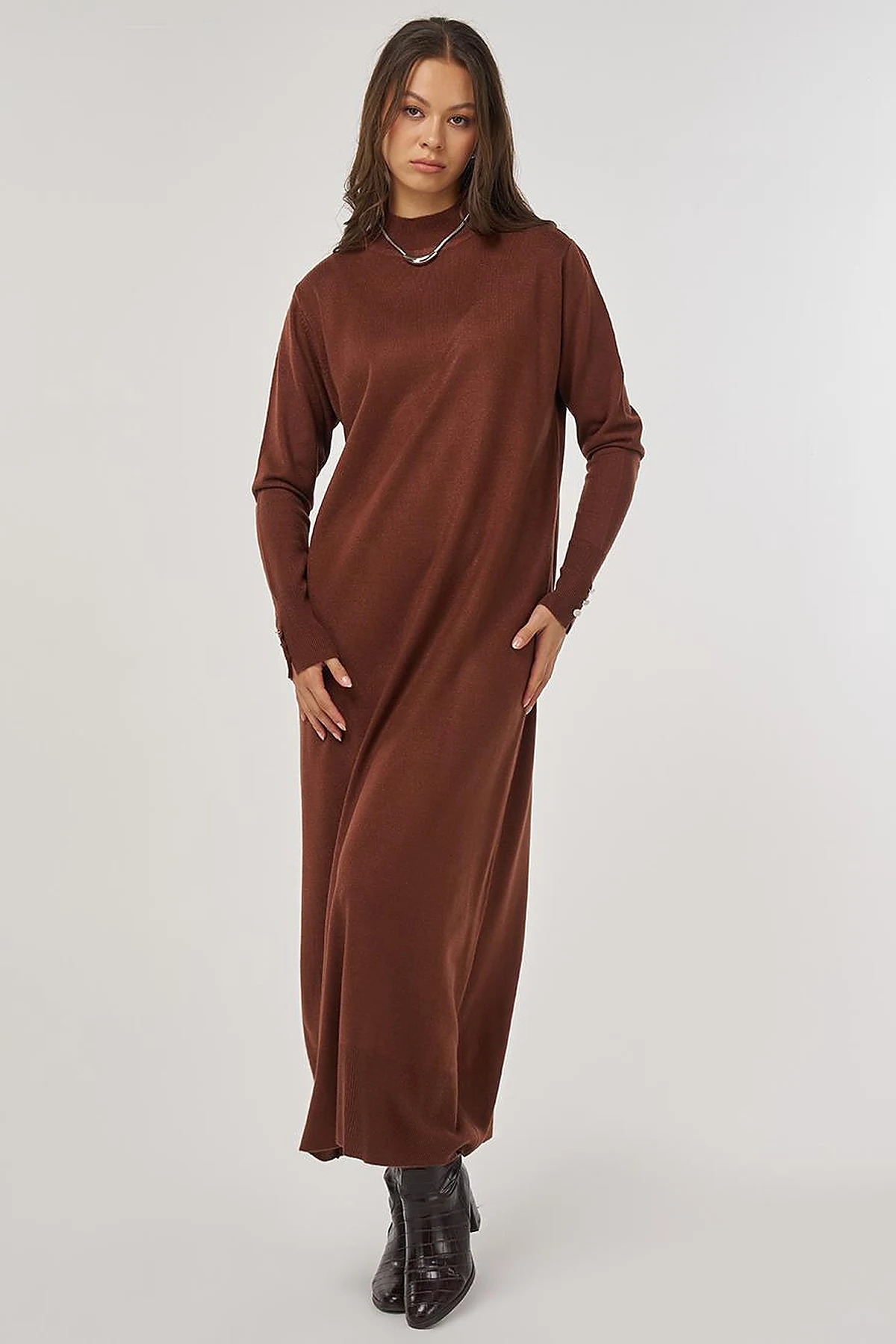 Half Turtleneck Knit Dress in Dark Brown