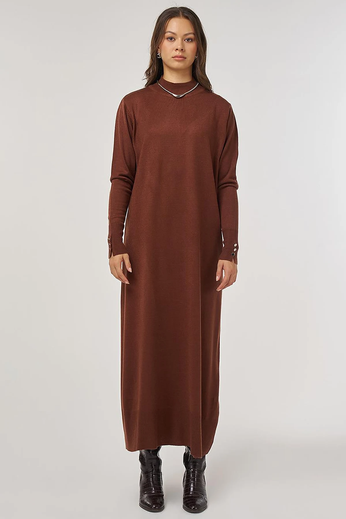 Half Turtleneck Knit Dress in Dark Brown