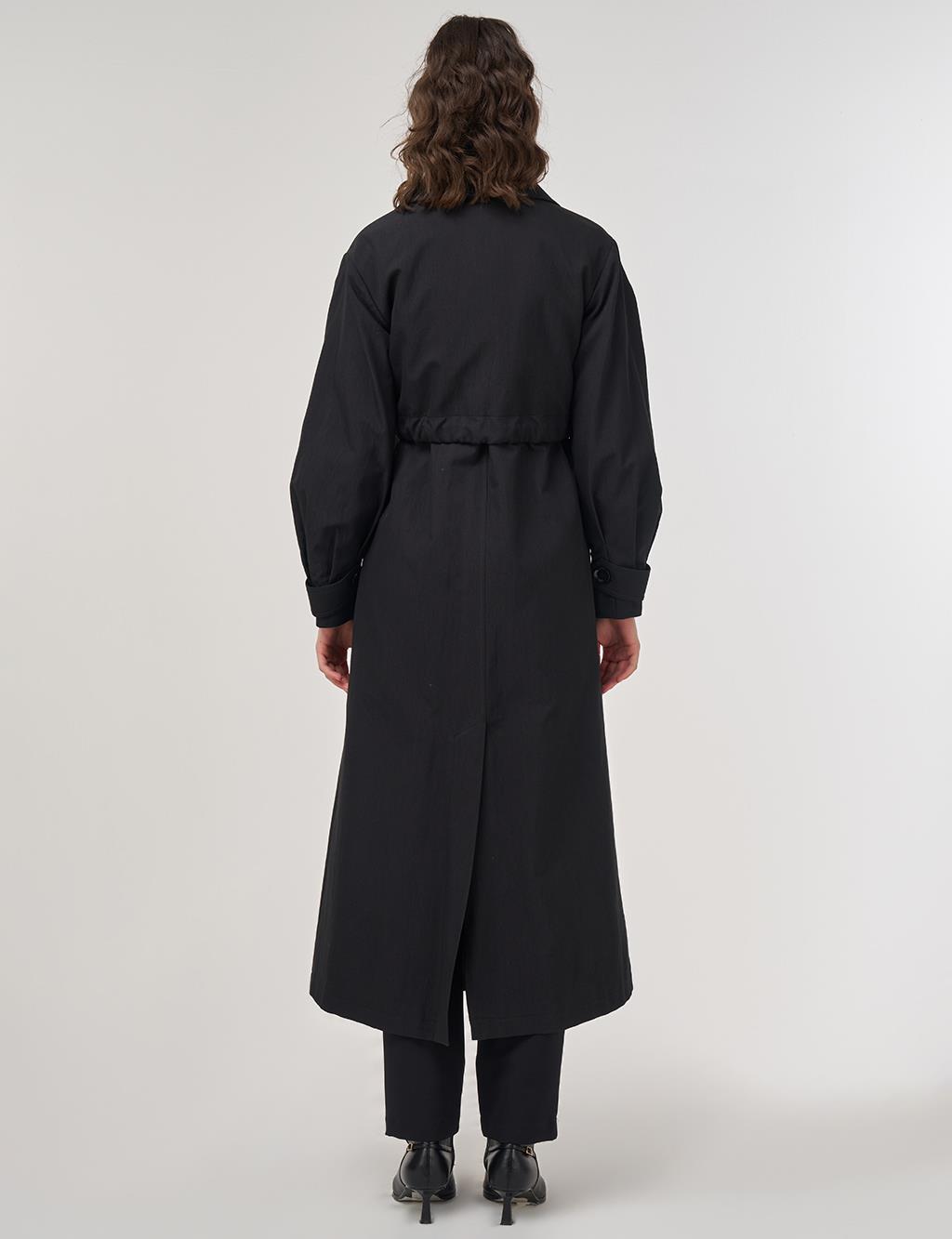 Belted Long Trench Coat in Black