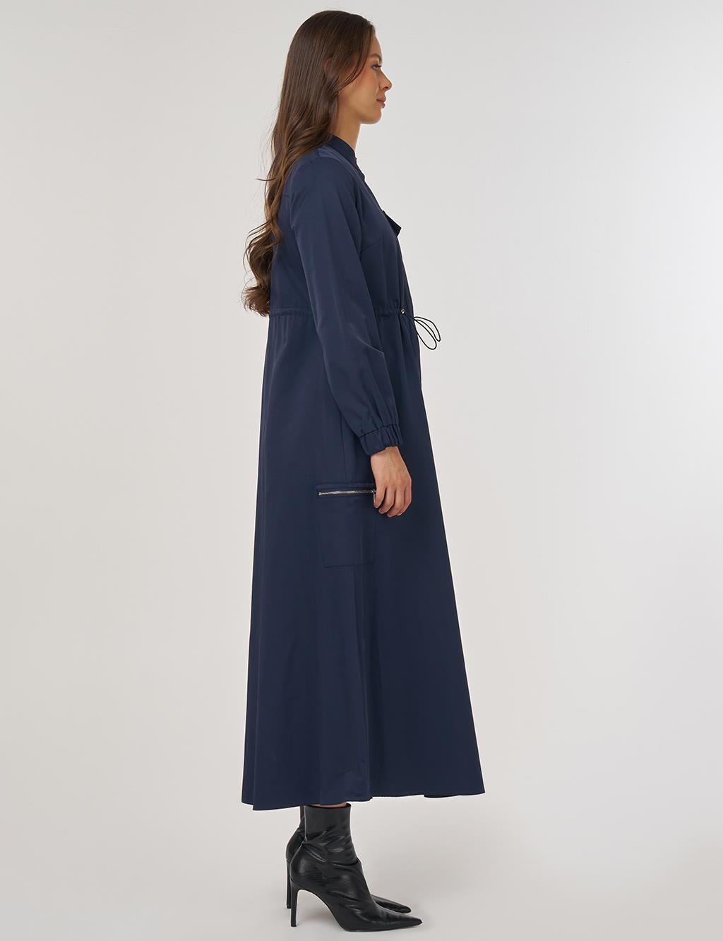 Gathered Waist Cotton Dress in Dark Navy