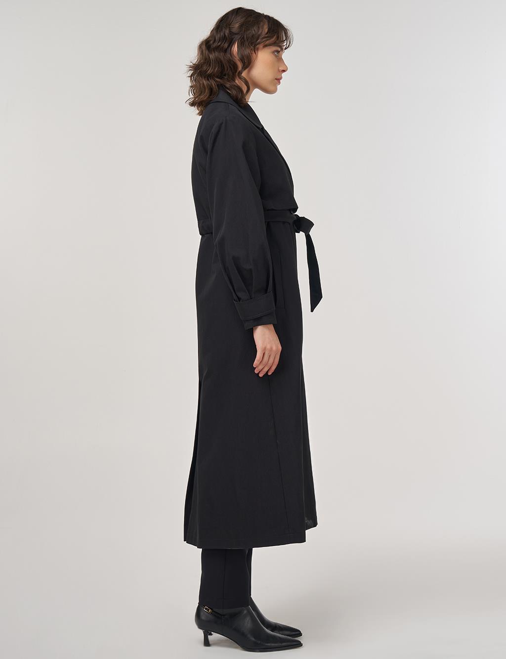Belted Long Trench Coat in Black