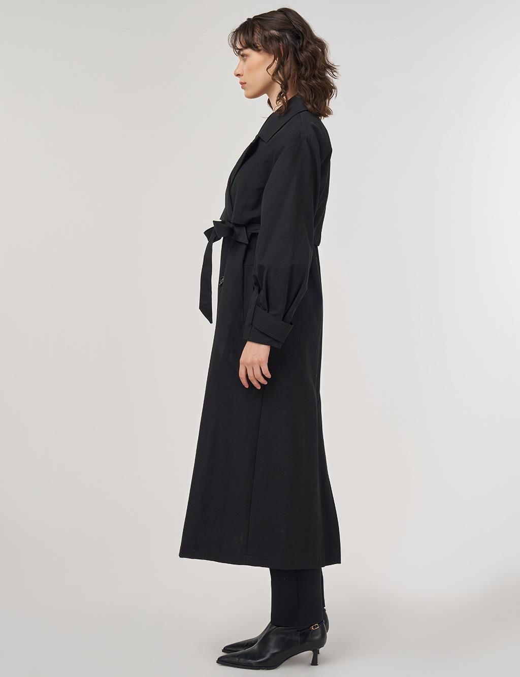 Belted Long Trench Coat in Black