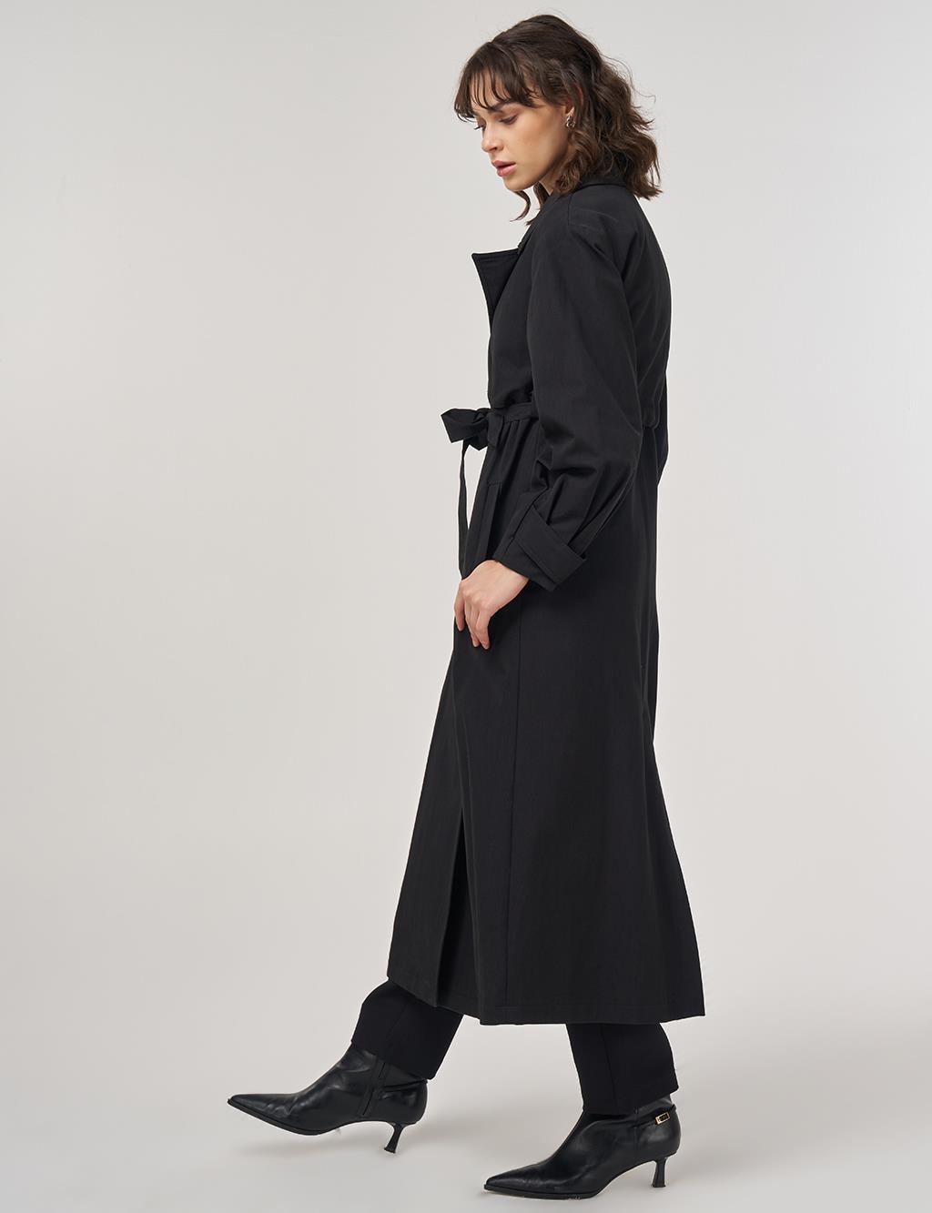 Belted Long Trench Coat in Black