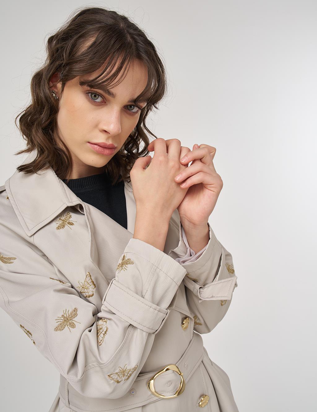Buckle Detail Trench Coat in Stone