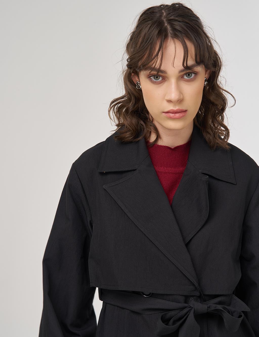 Belted Long Trench Coat in Black