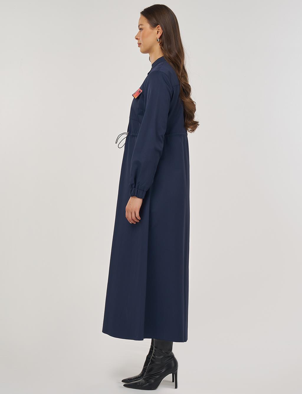 Gathered Waist Cotton Dress in Dark Navy
