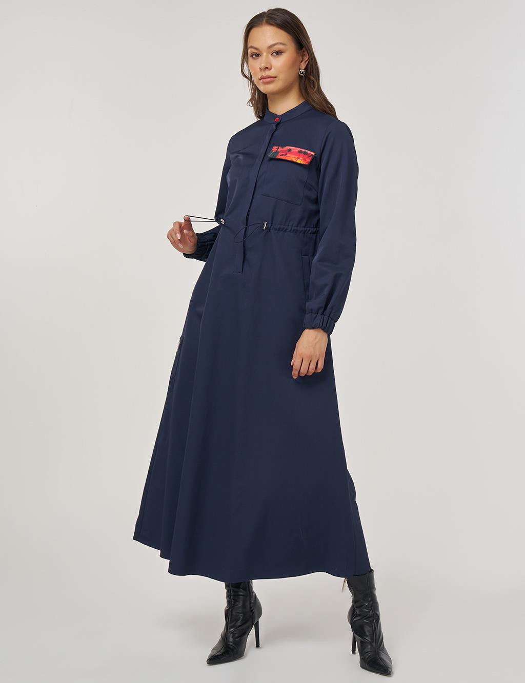 Gathered Waist Cotton Dress in Dark Navy