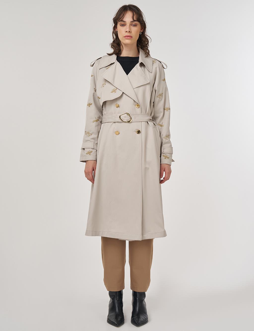 Buckle Detail Trench Coat in Stone
