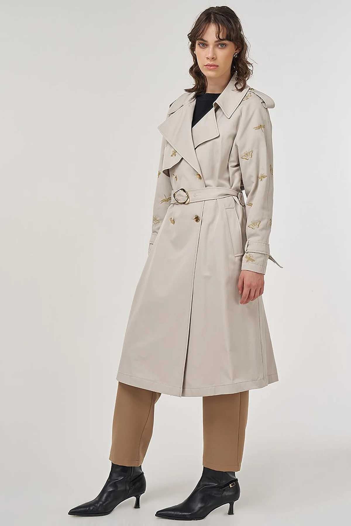 Buckle Detail Trench Coat in Stone