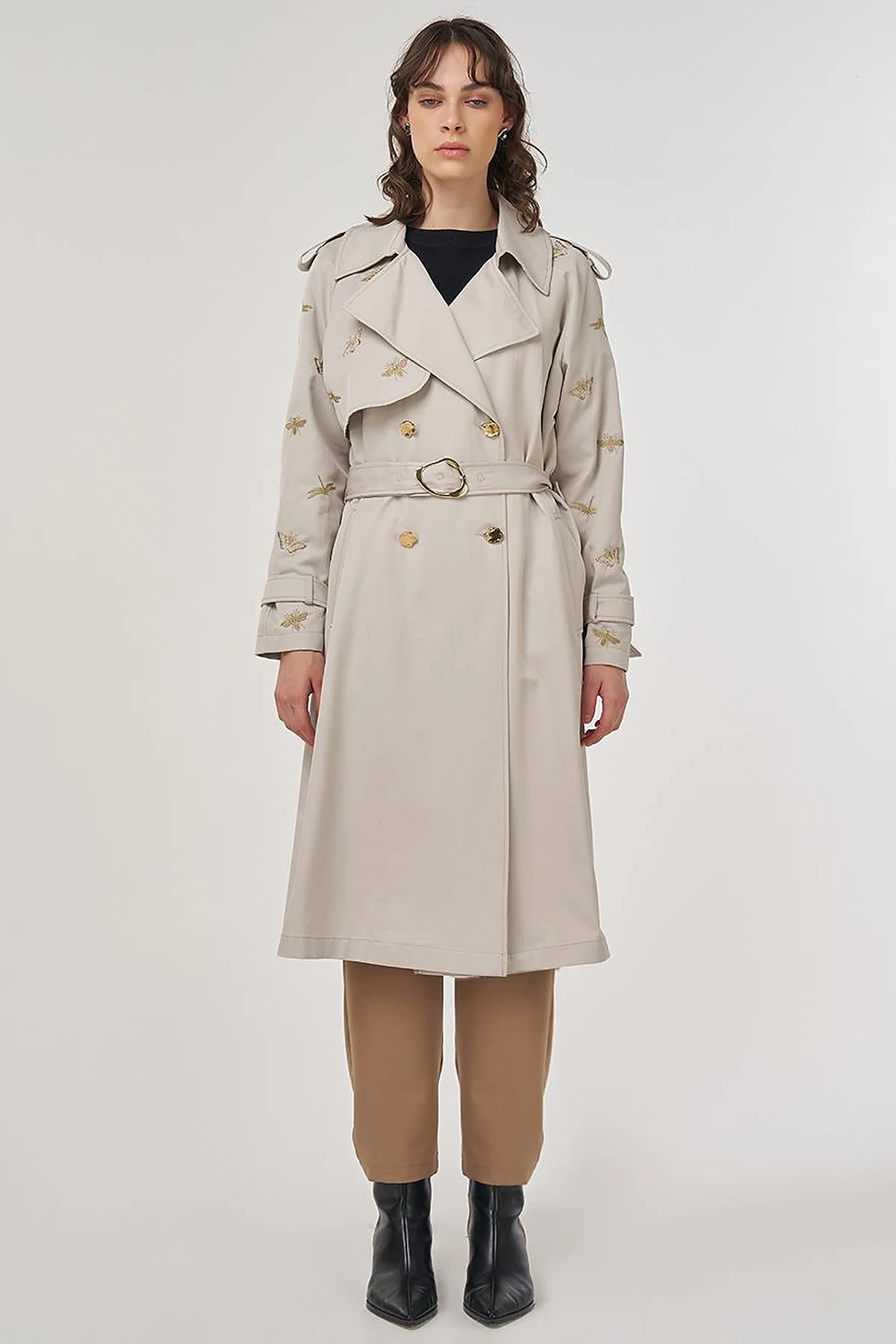 Buckle Detail Trench Coat in Stone