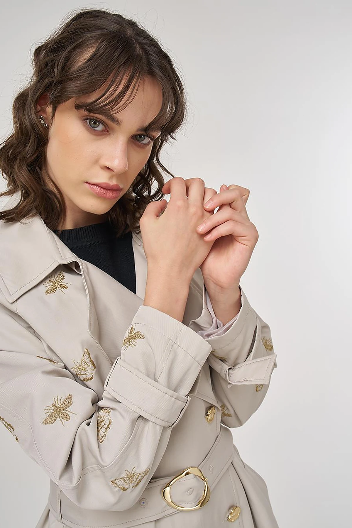 Buckle Detail Trench Coat in Stone