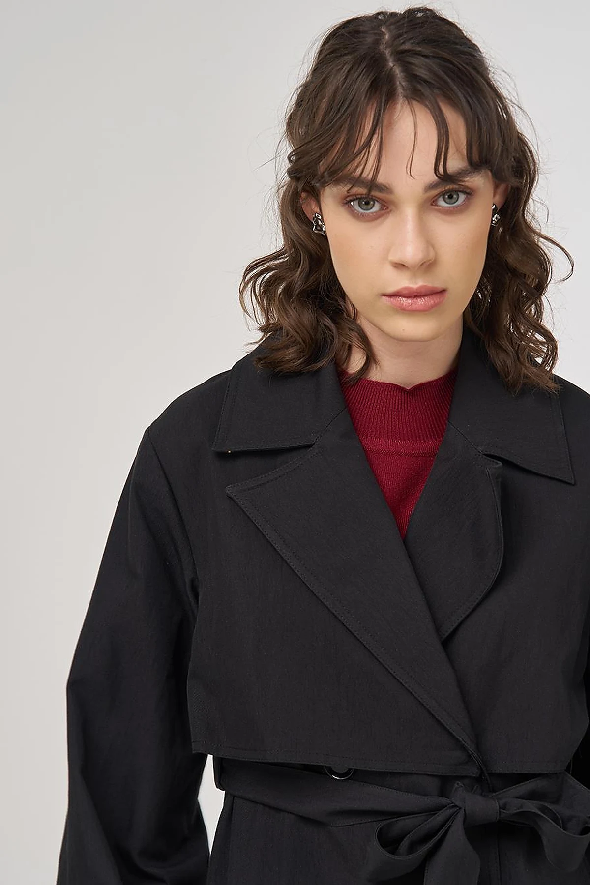 Belted Double-Breasted Long Trench Coat in Black