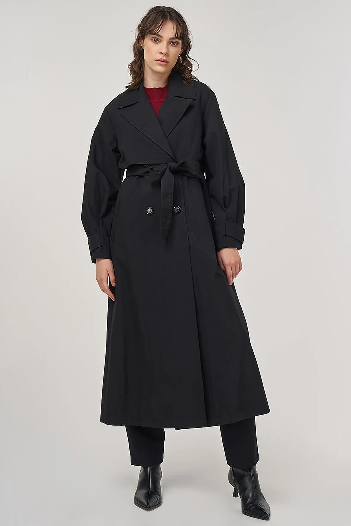 Belted Double-Breasted Long Trench Coat in Black
