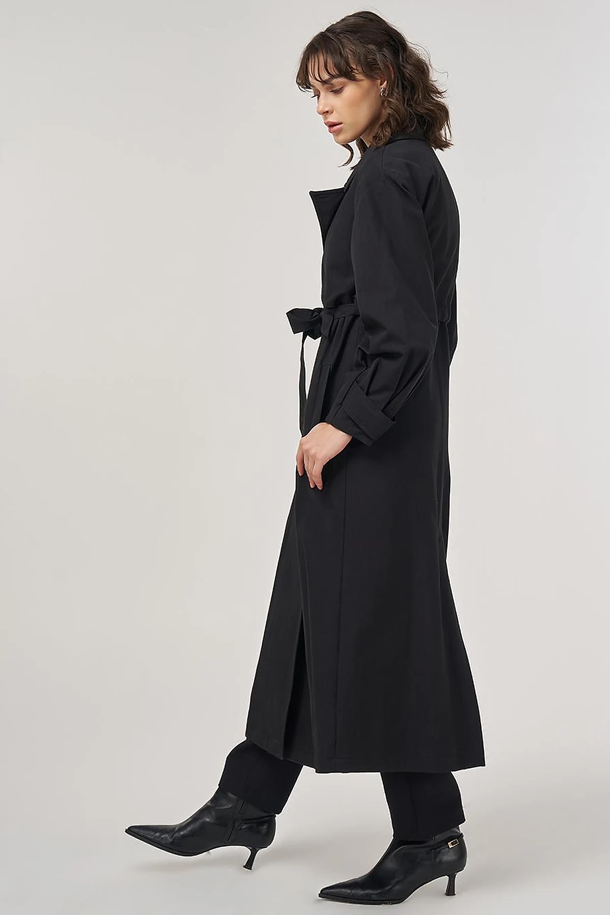 Belted Double-Breasted Long Trench Coat in Black