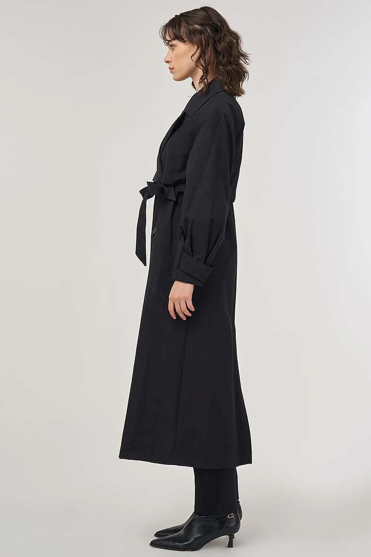 Belted Double-Breasted Long Trench Coat in Black