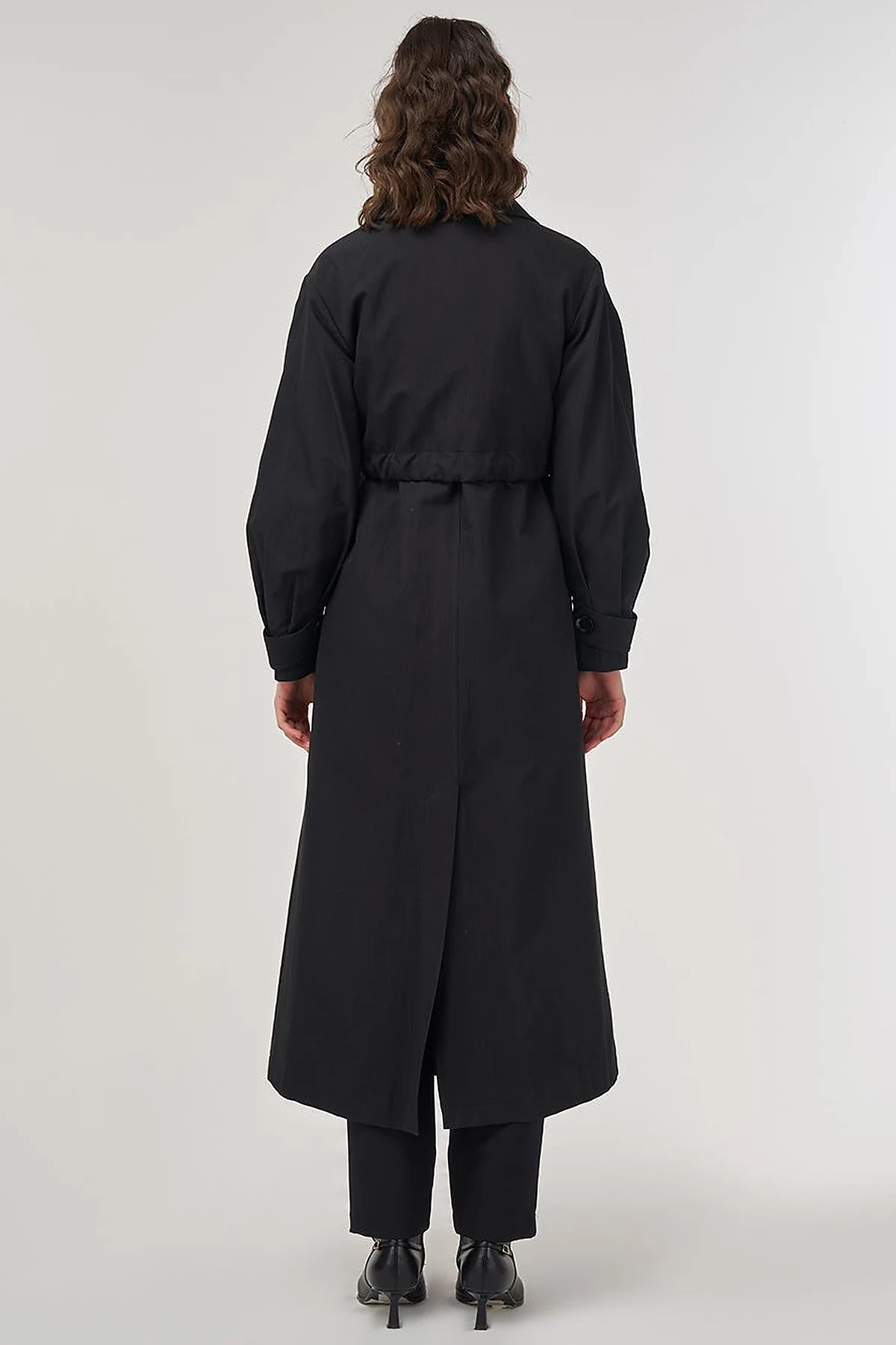 Belted Double-Breasted Long Trench Coat in Black