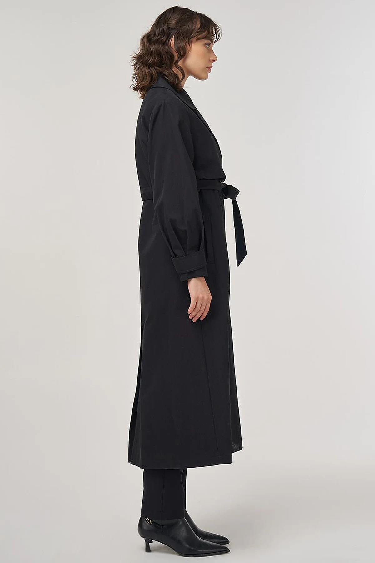 Belted Double-Breasted Long Trench Coat in Black