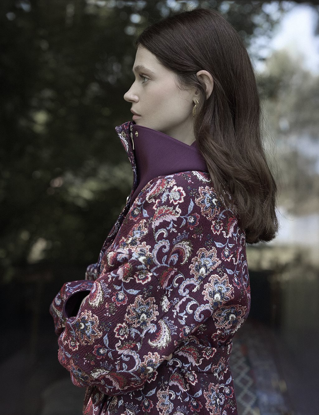 Patterned Wide Collar Jacket Dark Burgundy