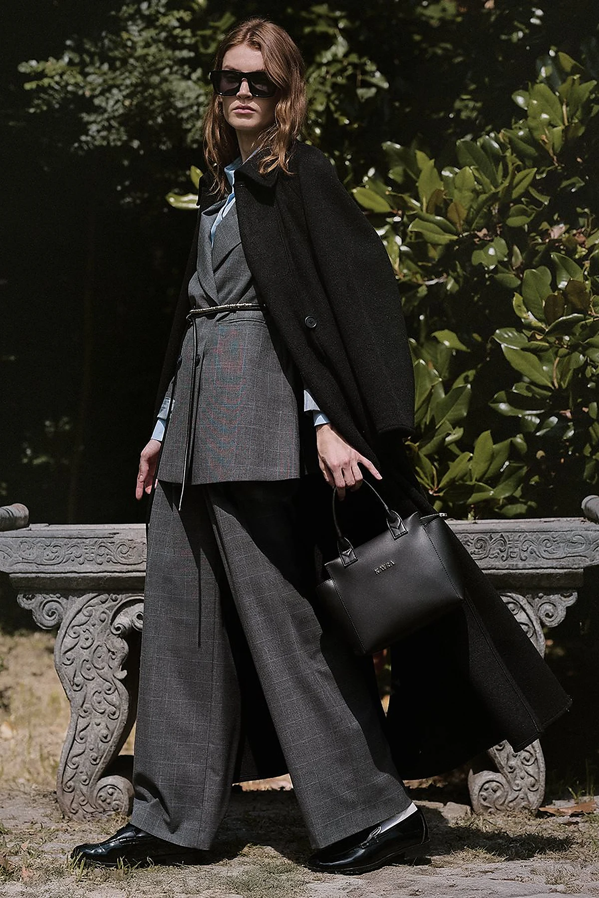 Plaid Double-Breasted Belted Jacket in Anthracite