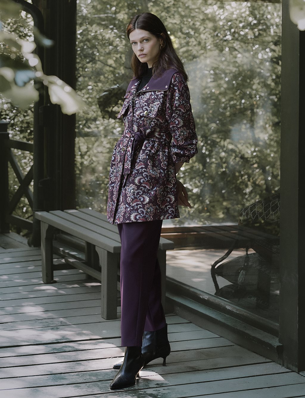 Patterned Wide Collar Jacket Dark Burgundy