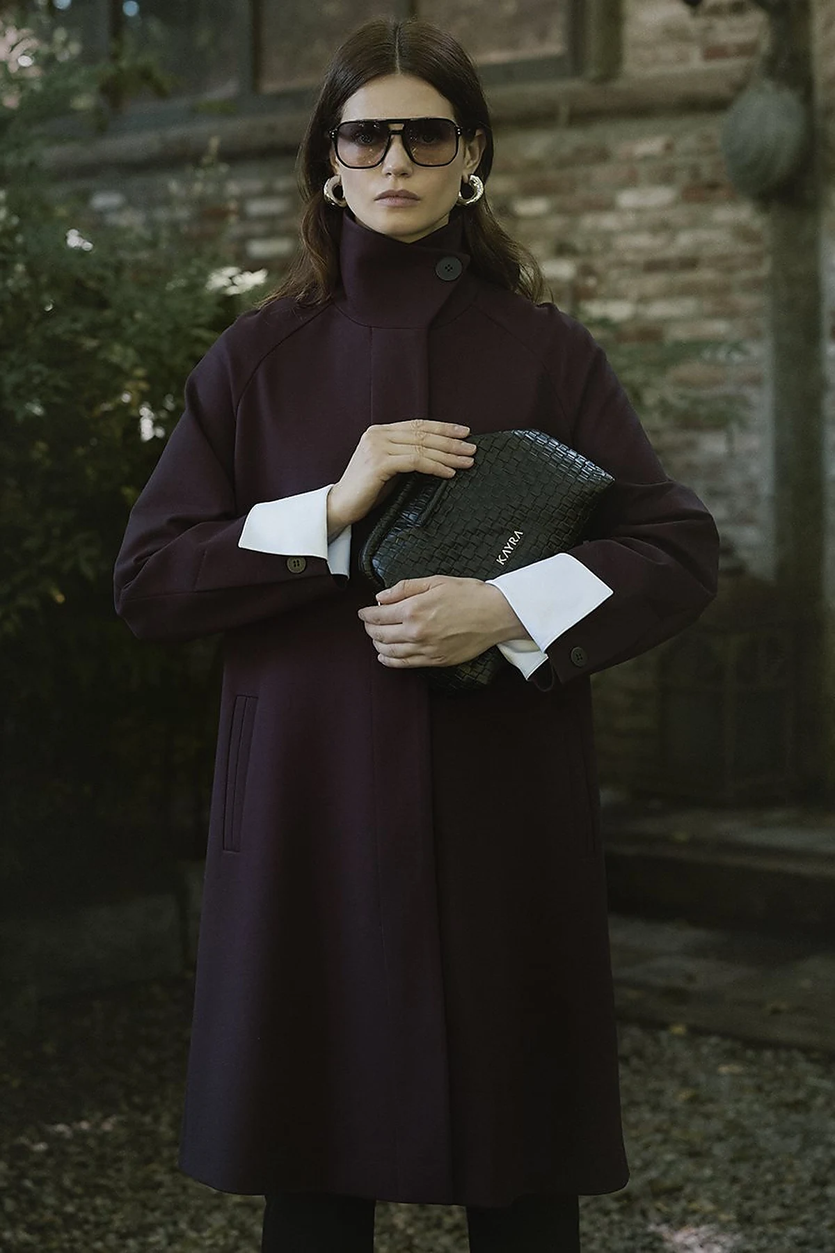 Stand Collar Raglan Sleeve Coat Dark Burgundy