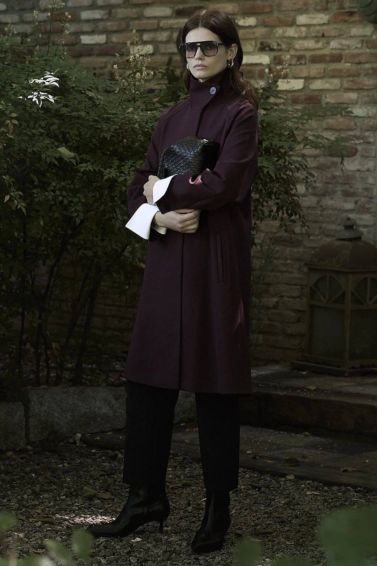 Stand Collar Raglan Sleeve Coat Dark Burgundy