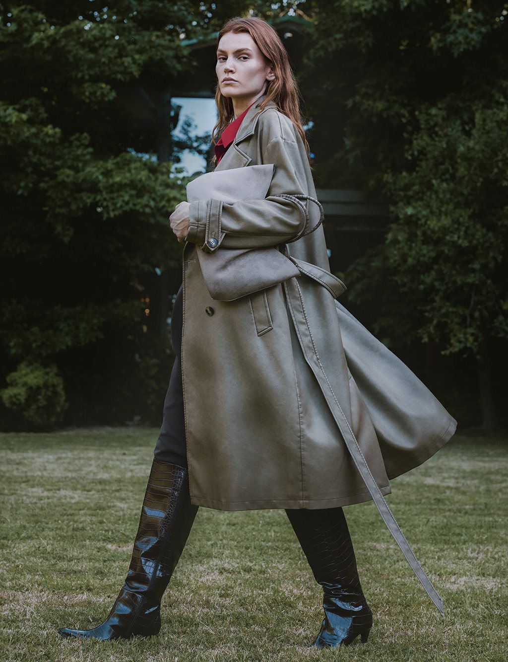 Faux Leather Trench Coat with Epaulet Details Light Brown