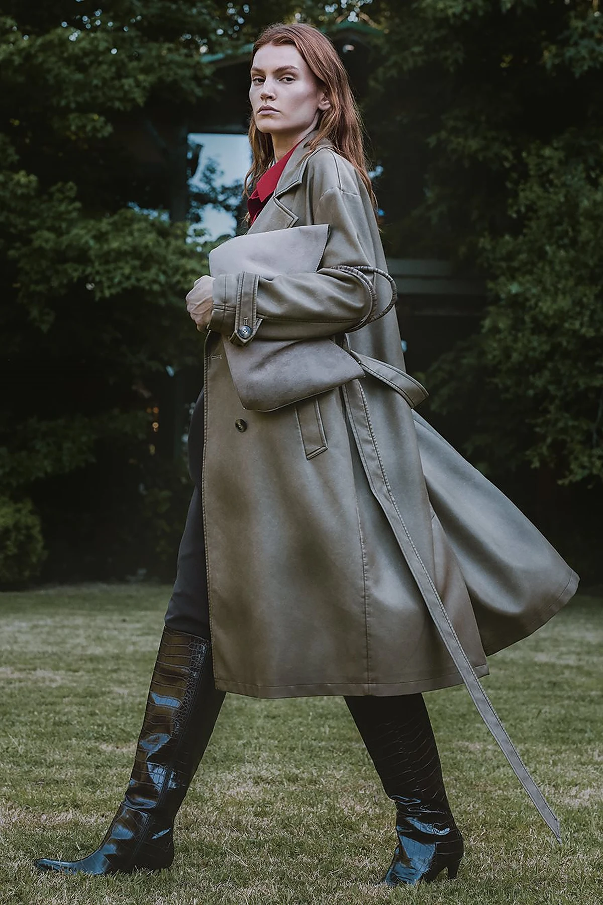 Faux Leather Trench Coat with Epaulet Details Light Brown