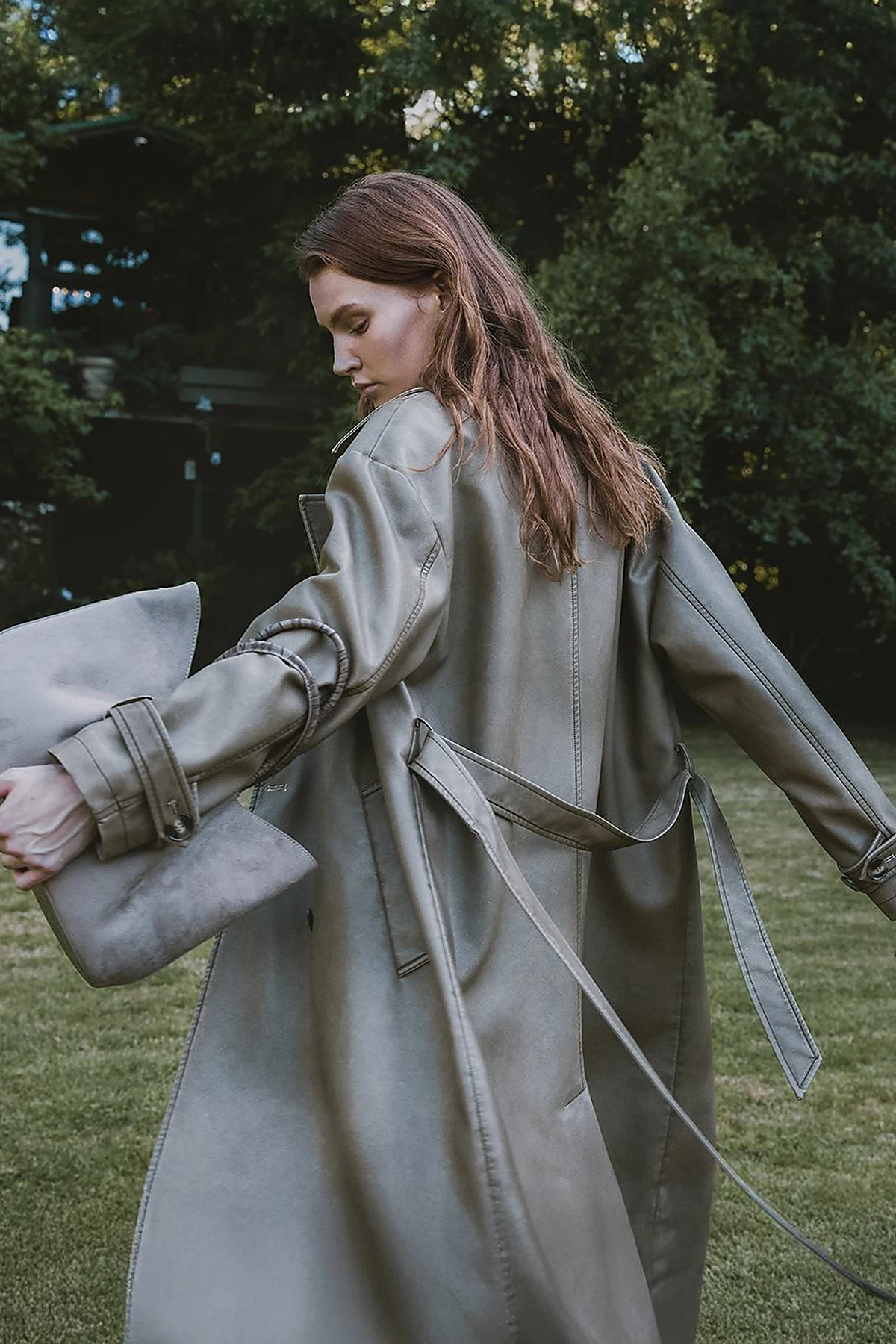 Faux Leather Trench Coat with Epaulet Details Light Brown