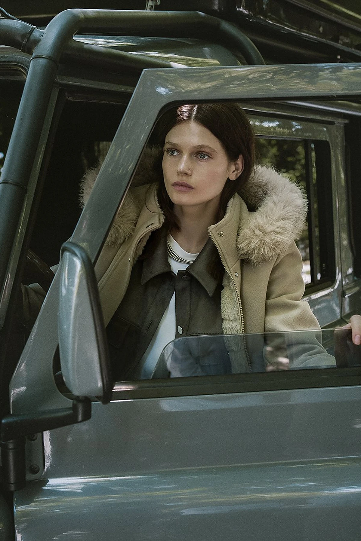 Double-Sided Coat with Fur Details Light Brown