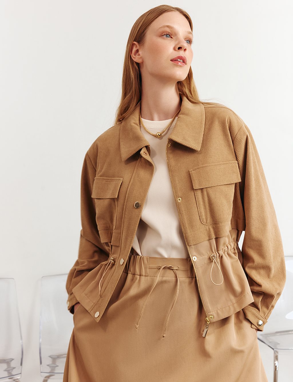 Double-Pocket Skirt Set Beige