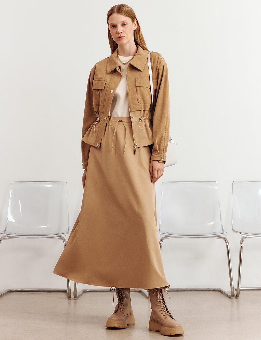 Double-Pocket Skirt Set Beige