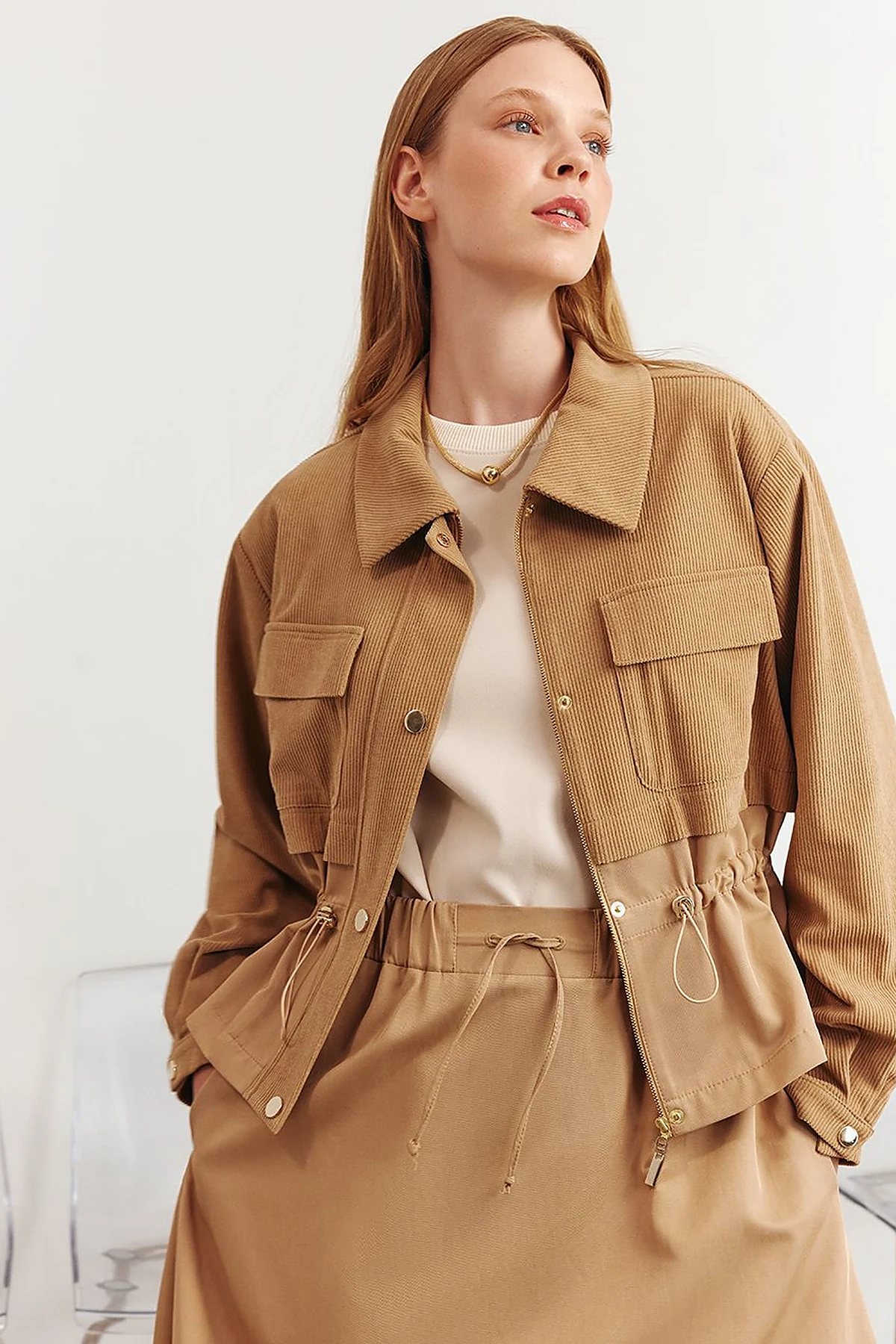 Double-Pocket Skirt Set Beige