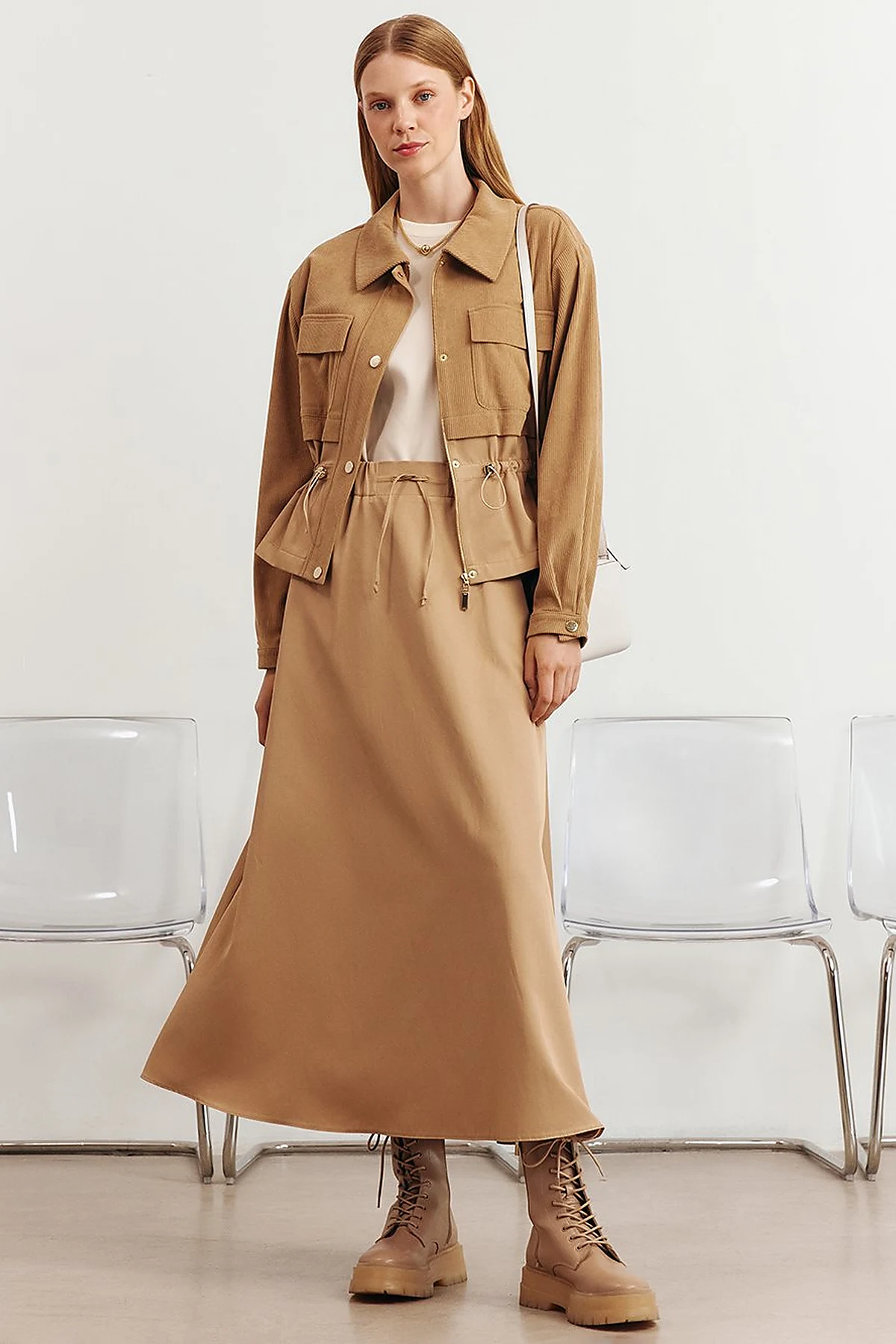 Double-Pocket Skirt Set Beige