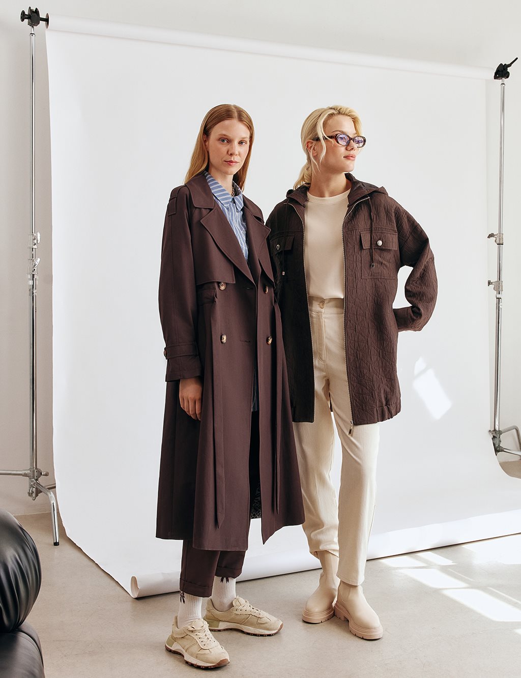 Epaulet-Detail Long Trench Coat Dark Brown