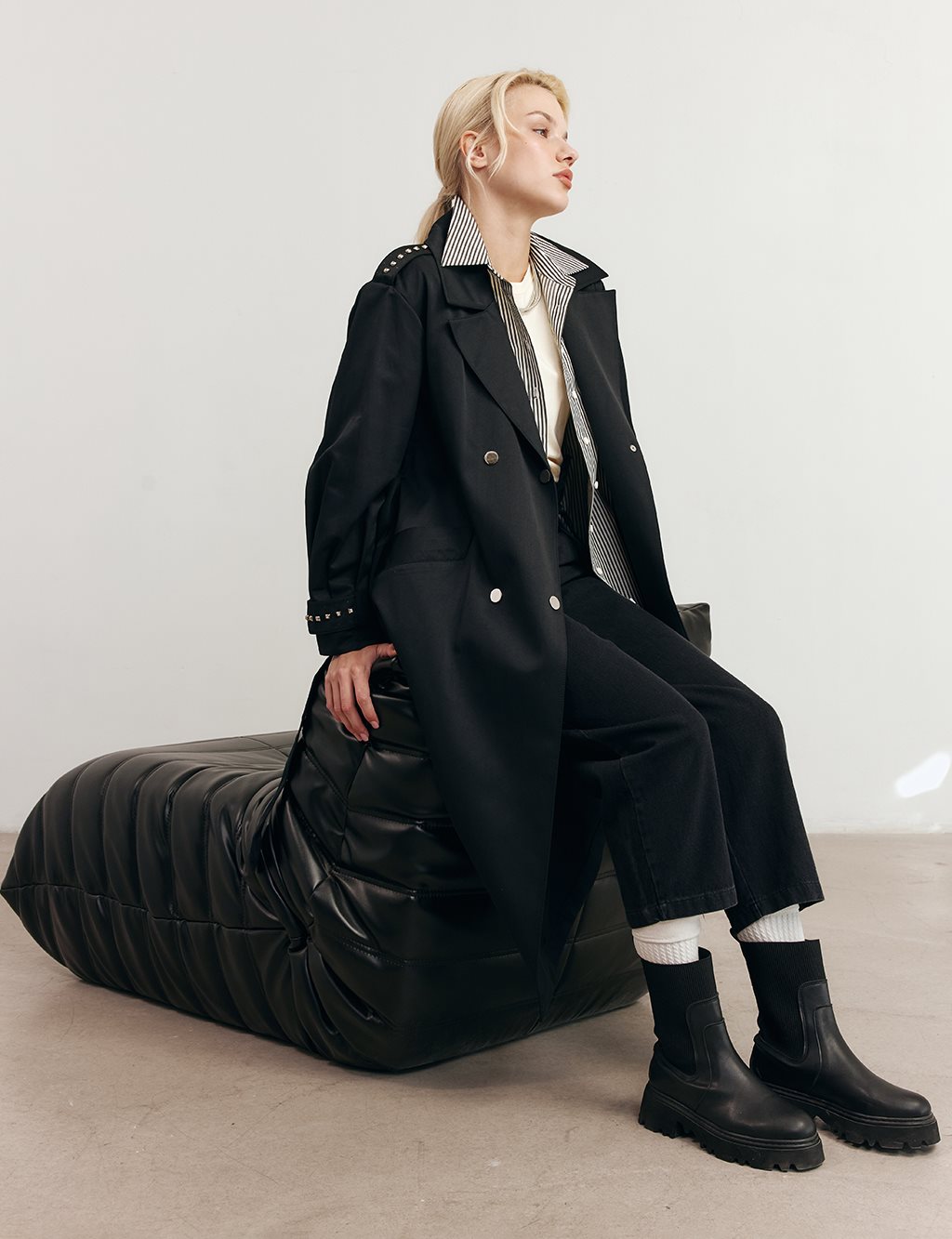 Trok Baskılı Trençkot Siyah