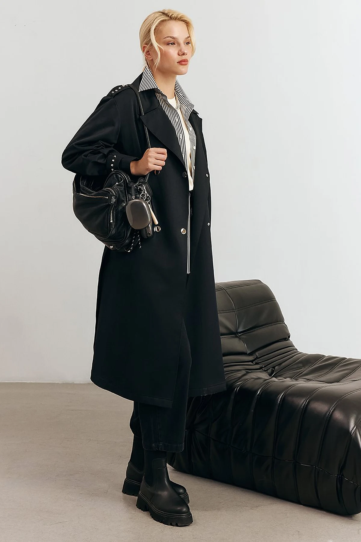 Stud Printed Trench Coat Black