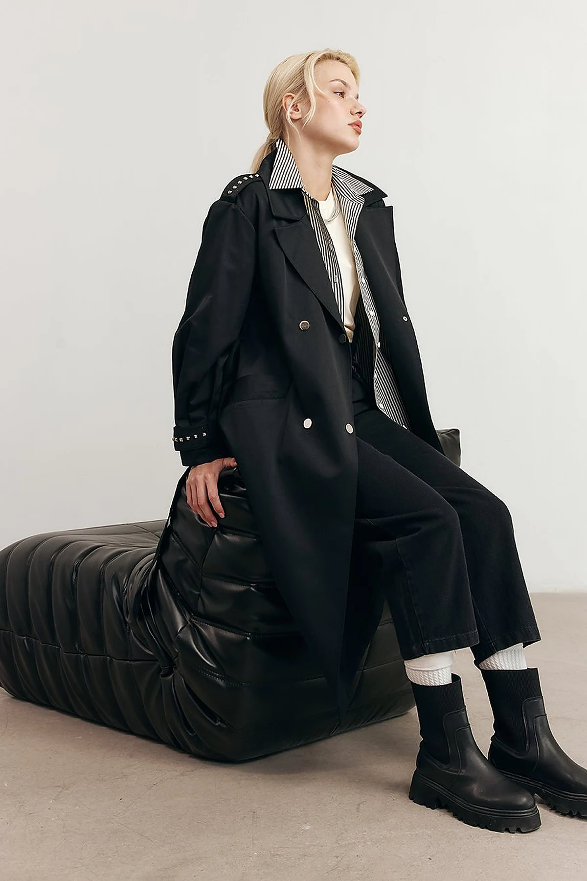 Stud Printed Trench Coat Black