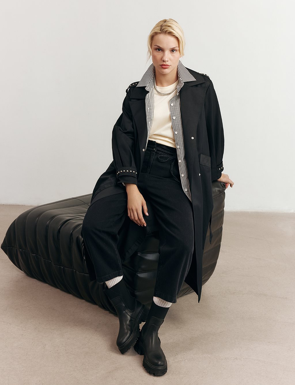 Trok Baskılı Trençkot Siyah