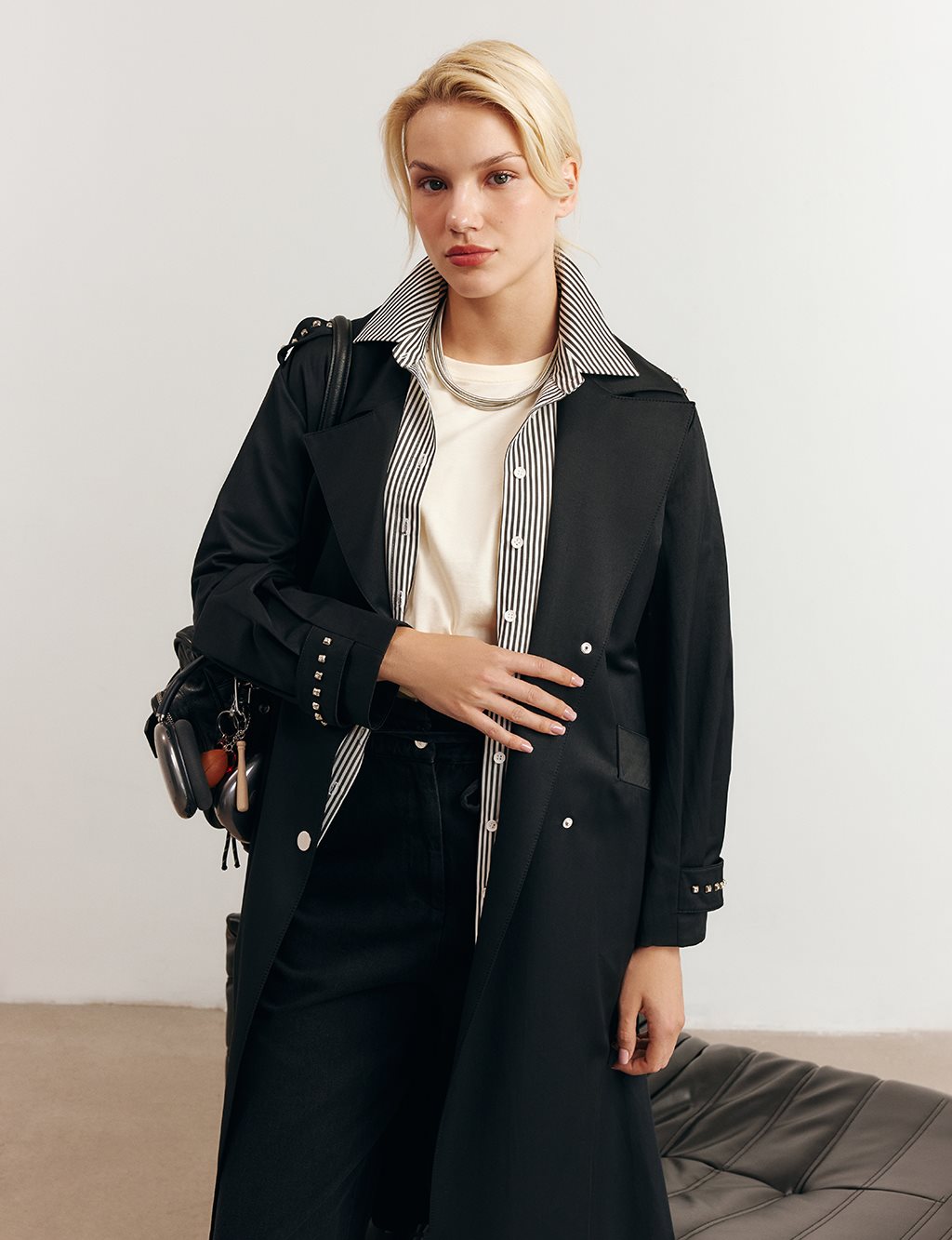 Trok Baskılı Trençkot Siyah