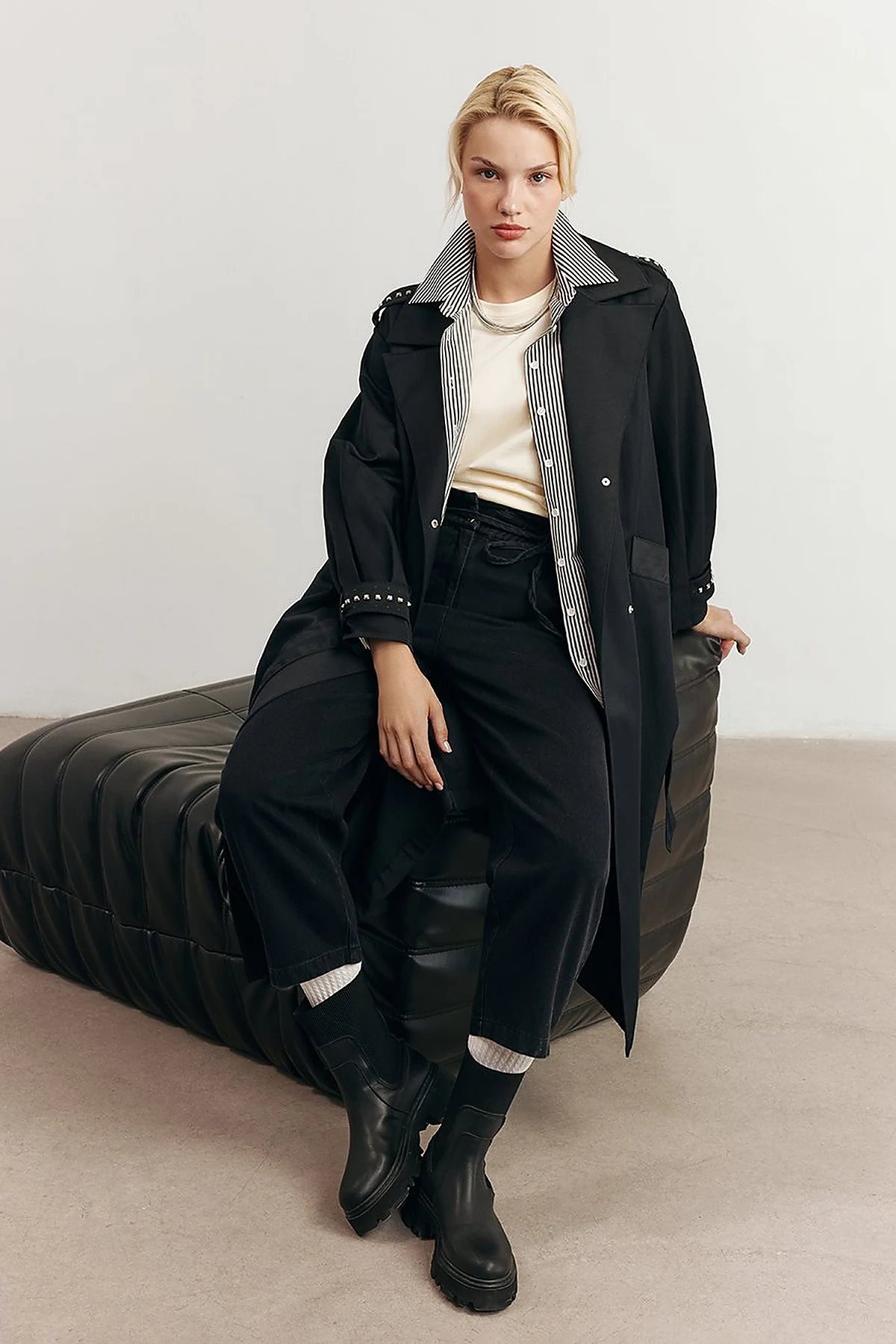 Stud Printed Trench Coat Black